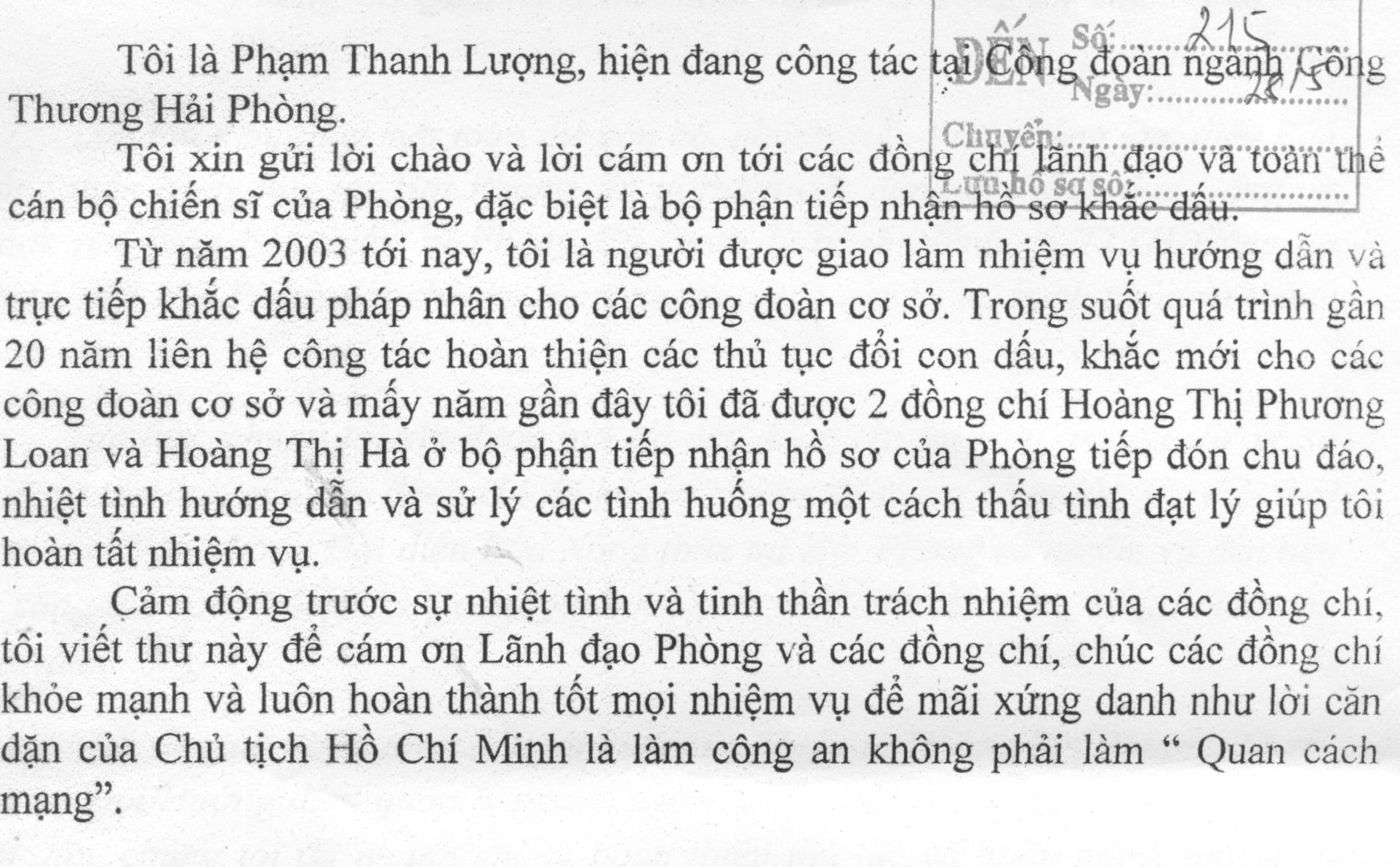 Ông Phạm Thanh Lượng gửi thư cảm ơn về việc được hướng dẫn thủ tục đăng ký lại mẫu dấu